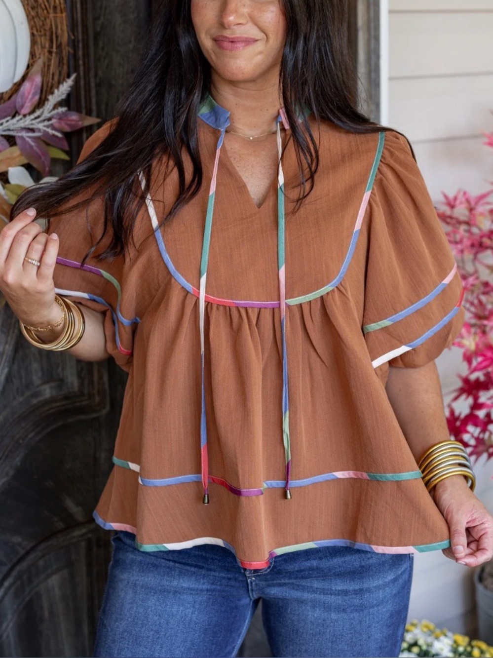Entro Babydoll Puff Sleeve Top Brown Multicolor Trim Large
